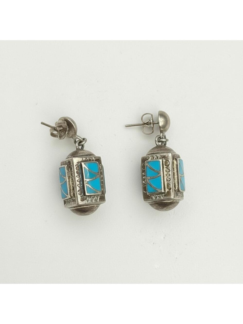 Vintage Sterling Silver Turquoise Inlay Lantern Bead Drop Earrings 925